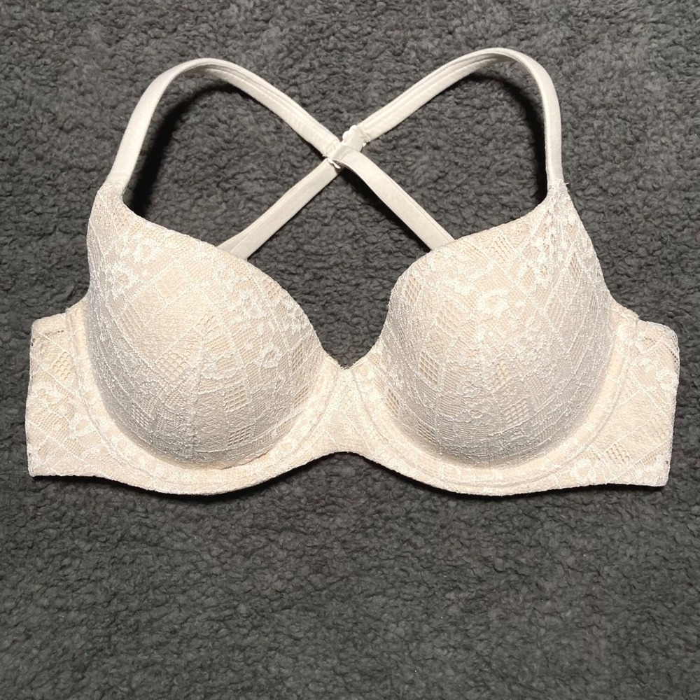 Body By Victoria Secret Lined Demi Bra For Women 32D Push Up Padded Cream Lace